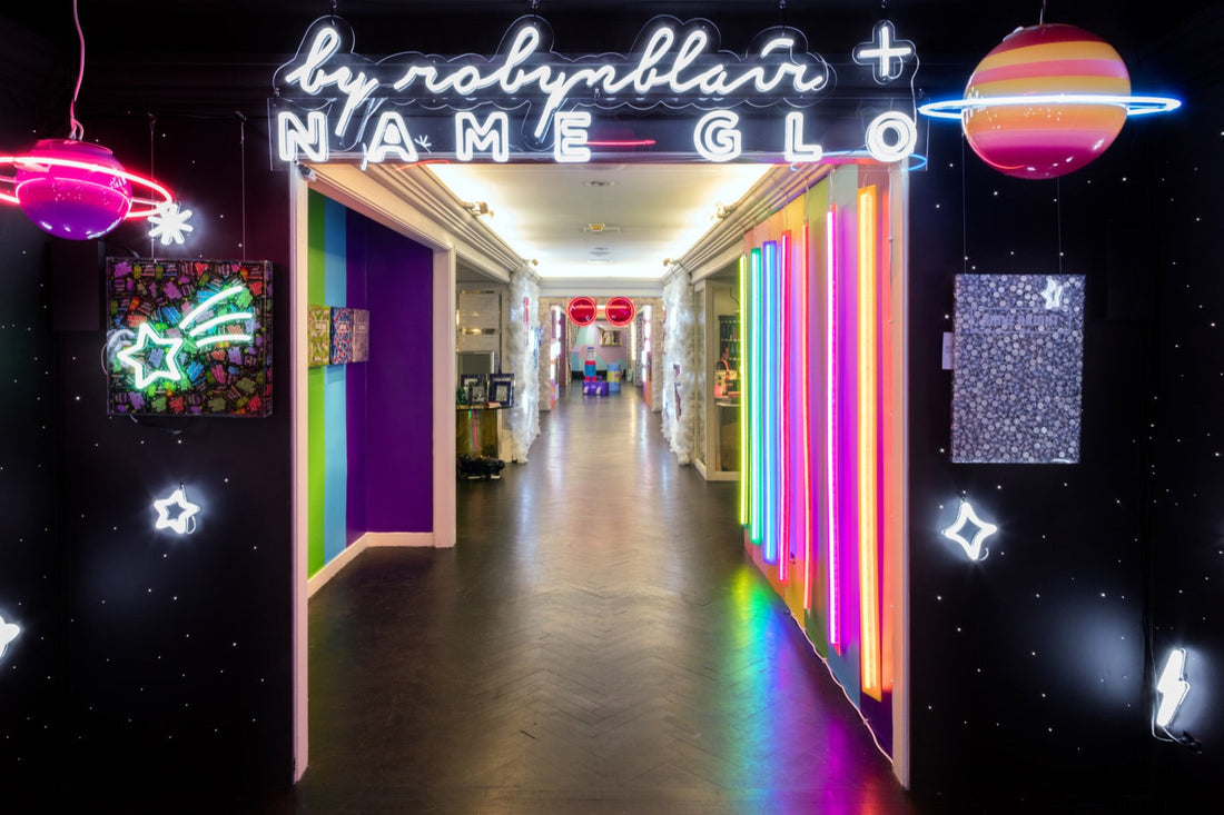 NAME GLO neon installation at Bergdorf Goodman